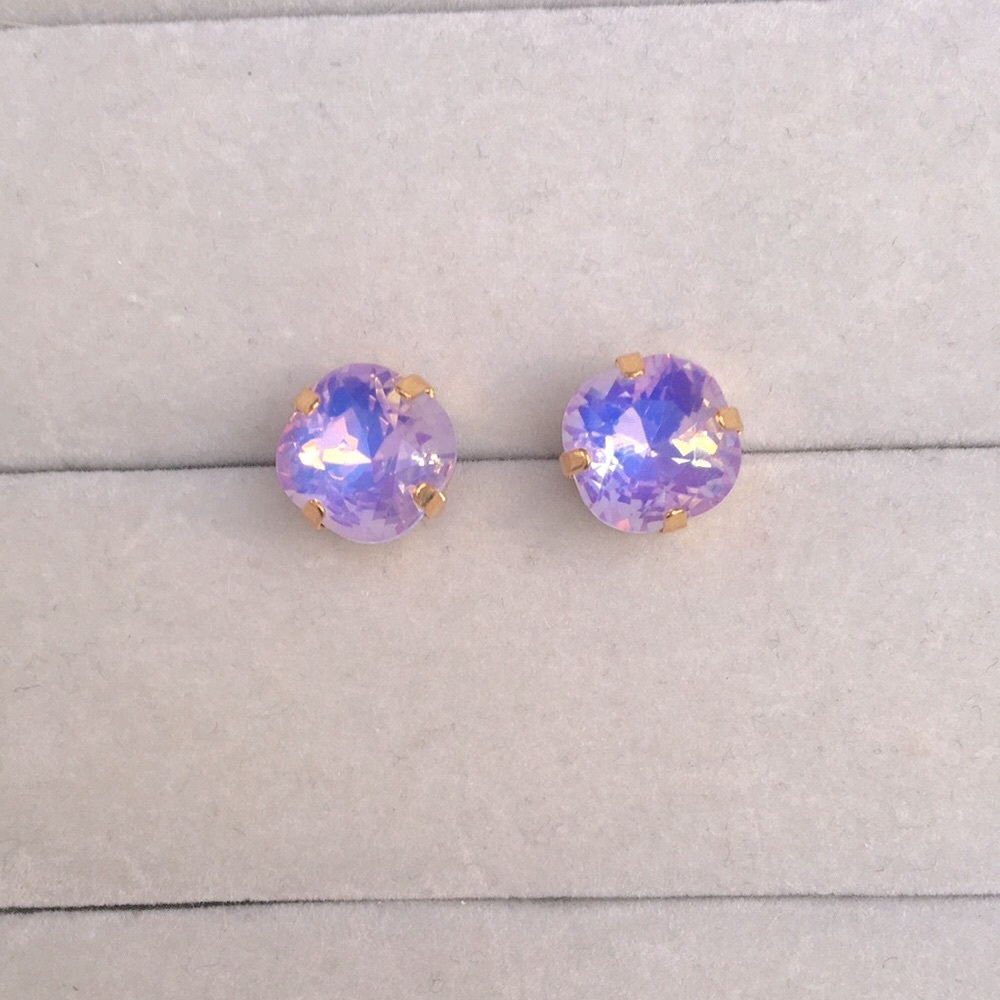 Lilac Purple Opal Aurora Borealis + Gold Cushion Cut Crystal Earrings - Picture 4 of 8